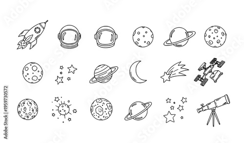 Doodle style space icon pack with rockets astronauts planets and celestial symbols vector