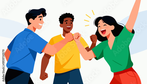 Three friends celebrate with high spirits. Man in blue smiles warmly. Another in yellow laughs with joy. The woman in green raises her arm triumphantly. They share a joyful, energetic moment