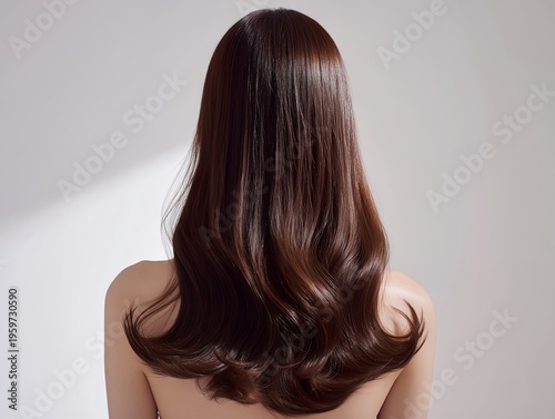 艶やかな茶髪のロングヘアを後ろから捉えた美しい毛先ワンカールのヘアスタイルと美肌の女性
