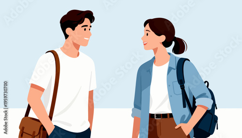 Two students engage in friendly conversation. One smiles warmly, the other listens attentively. They wear casual clothes, each with a bag. Their posture suggests a relaxed, positive exchange