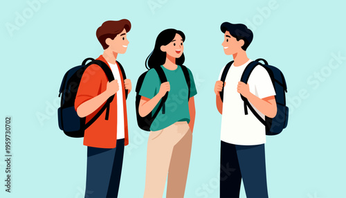 Three young people stand together, smiling. They carry backpacks and seem to chat. Their friendly faces suggest camaraderie and excitement. Ideal for school, college, or group activity themes
