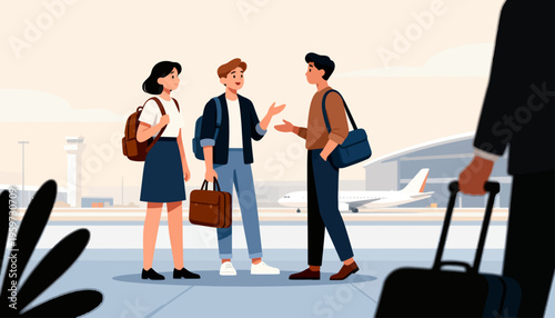 Three travelers converse near an airport terminal. They carry luggage and bags. One gestures while speaking, showing friendliness. Plane sits behind them, grounded in the distance