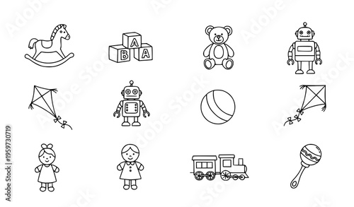 Doodle style children toy icon pack with rocking horse teddy bear blocks and playful kid elements vector