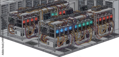Data center server racks network infrastructure cloud computing technology flat vector