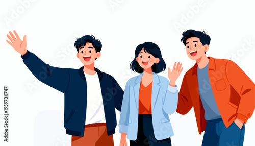 Three friends wave cheerfully, smiling at the viewer. Their lively gestures show warmth and friendliness. Perfect for team introductions or casual social gatherings
