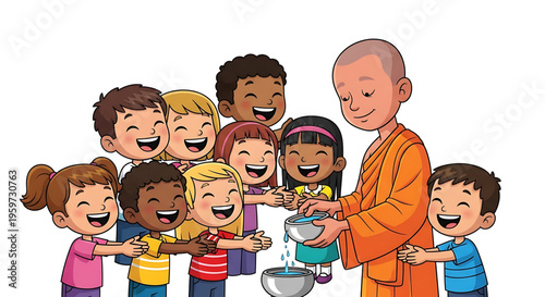 A Buddhist monk teaches a group of diverse children about water and washing hands