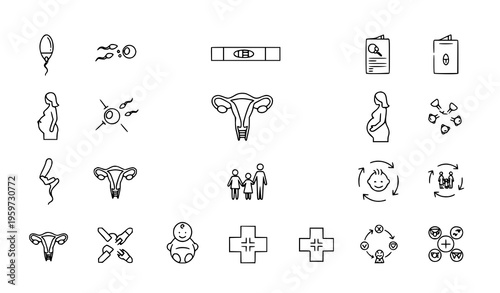 Outline pregnancy fertility and healthcare icon pack with conception ovulation and family planning symbols vector