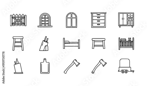 Outline furniture and home utility icon pack with kitchen equipment storage and construction symbols vector