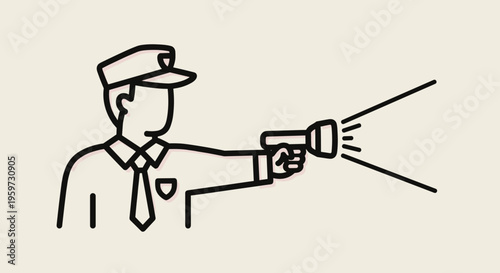 Security Guard Shining Flashlight Illustration.