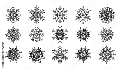 Hand drawn style snowflake collection with winter ice crystal patterns for festive Christmas design vector