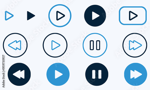 Collection of minimalist play, pause, and rewind video control icons on light blue background