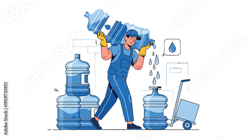 Water Delivery Illustration: A determined delivery person skillfully handles large water jugs, symbolizing reliability and the essence of hydration.