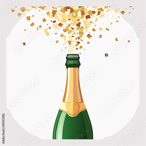 シャンパンの栓を開けて紙吹雪が舞うお祝いシーンのベクターイラスト