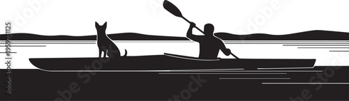Man kayaking with dog on water, silhouette scene, outdoor recreation, peaceful journey, lake or river