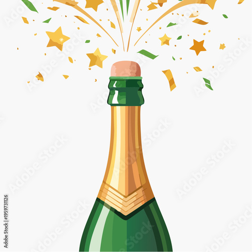 シャンパンの栓を開けて紙吹雪が舞うお祝いシーンのベクターイラスト