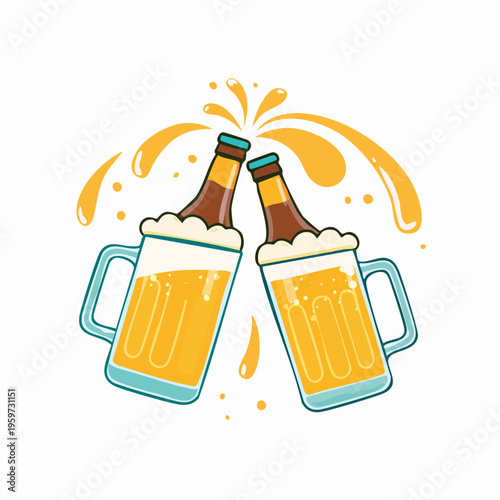 ビール瓶とジョッキで乾杯する躍動感のあるベクターイラスト