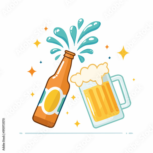 ビール瓶とジョッキで乾杯する躍動感のあるベクターイラスト