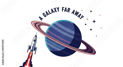A colorful vector graphic illustration of a rocket ship blasting off into a galaxy far away, with a planet and stars in the background.
