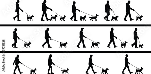 people walking dogs silhouette set pet owner with leash outdoor activity isolated black figures collection flat vector illustration design