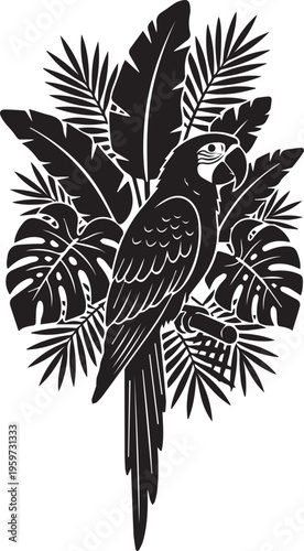 Tropical parrot macaw perched on branch surrounded by exotic palm leaves and monstera foliage black silhouette vector graphics