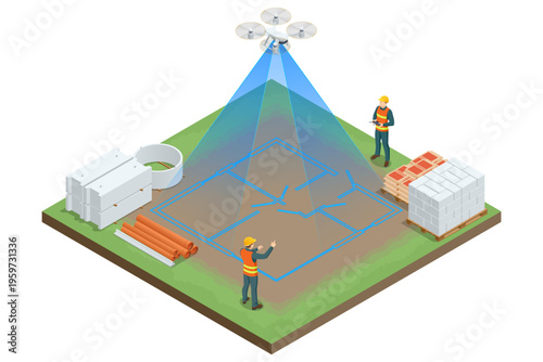 Isometric drone scanning a construction site with workers and building materials. Survey technology scene shows aerial mapping, land measurement, blueprint capture, project planning