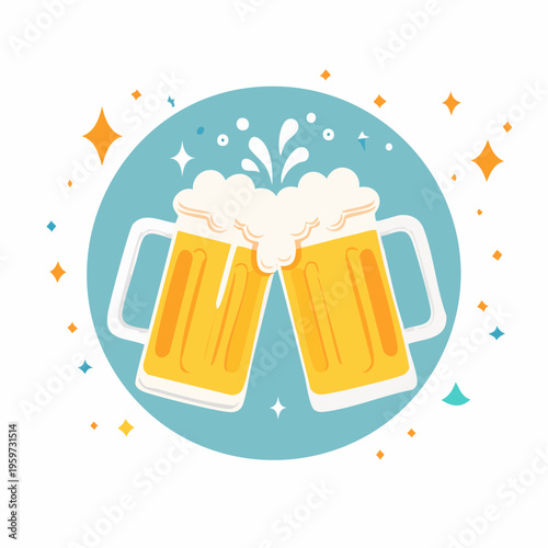 泡が弾けるビールジョッキの乾杯シーンを描いたベクターイラスト