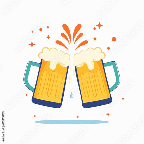 泡が弾けるビールジョッキの乾杯シーンを描いたベクターイラスト