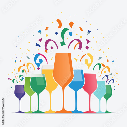 カラフルなドリンクと紙吹雪で乾杯するパーティーのベクターイラスト