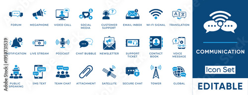 Professional vector icons of speech bubble, envelope, monitor, and megaphone. Perfect for objects and signs. Features editable strokes and grid.