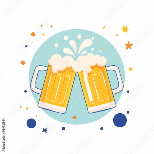 泡が弾けるビールジョッキの乾杯シーンを描いたベクターイラスト
