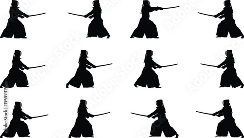 Kendo fighter silhouettes collection featuring samurai sword training poses with katana martial arts practice isolated on white background vector illustration set