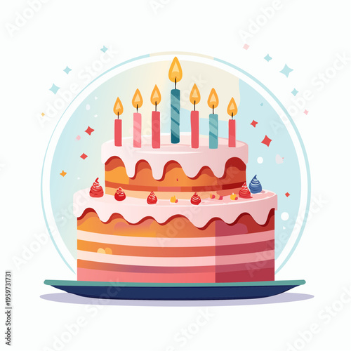 バースデーケーキのキャンドルを吹き消すお祝いのベクターイラスト
