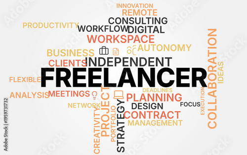 Freelancer Business Concept Word Cloud Typography Background with Minimal Line Icons - Professional Flat Vector Illustration for Remote Work, Project Management, and Digital Strategy.