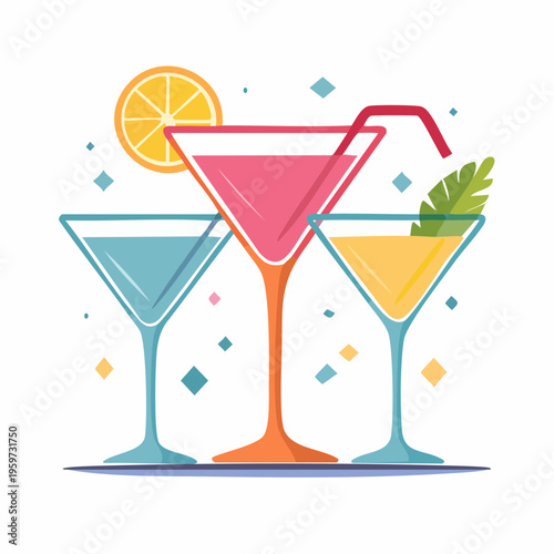 マティーニやトロピカルカクテルで乾杯するカラフルなベクターイラスト