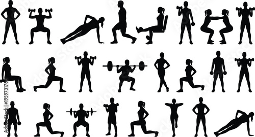 Fitness workout silhouettes collection featuring men and women performing strength training exercises with dumbbells squats lunges pushups isolated on white background vector set
