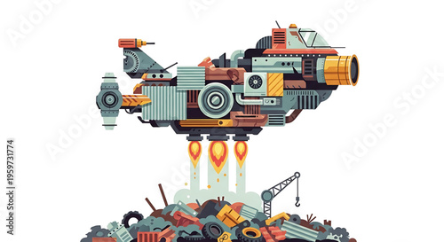 A futuristic spaceship made of industrial machinery and scrap metal takes off from a pile of rubble in a vibrant, cartoon-style illustration.