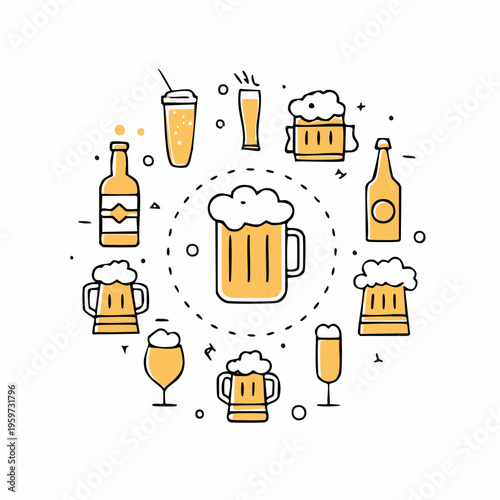 ビールジョッキや瓶など乾杯に関する線画アイコンセット