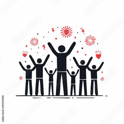 パーティーで手を挙げて喜ぶ人々のシルエットベクターイラスト