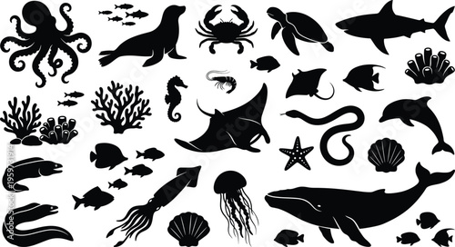 Marine animal silhouettes collection featuring ocean creatures including fish whale shark octopus turtle and coral reef elements isolated on white background vector illustration set
