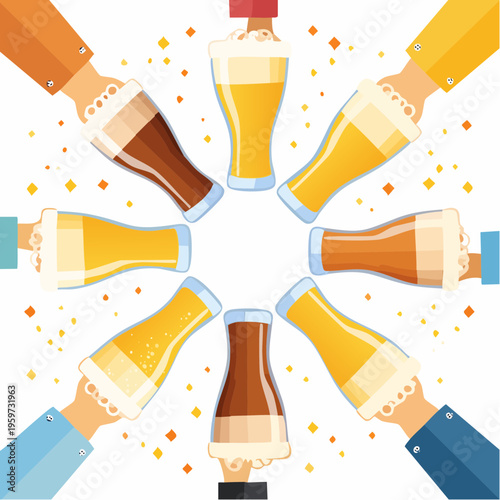 複数のビールグラスが輪になって乾杯する真上からのベクターイラスト