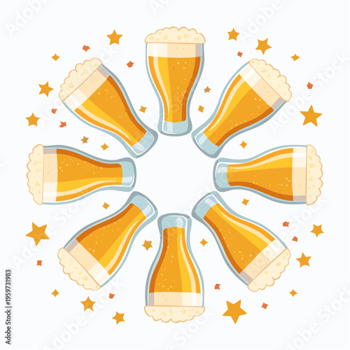 複数のビールグラスが輪になって乾杯する真上からのベクターイラスト