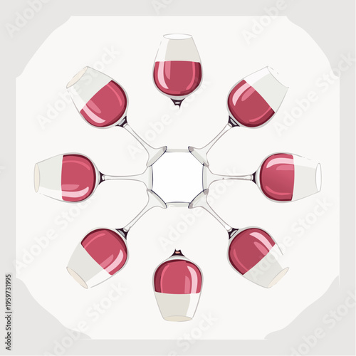 複数のワイングラスが中央で乾杯する真上からのベクターイラスト