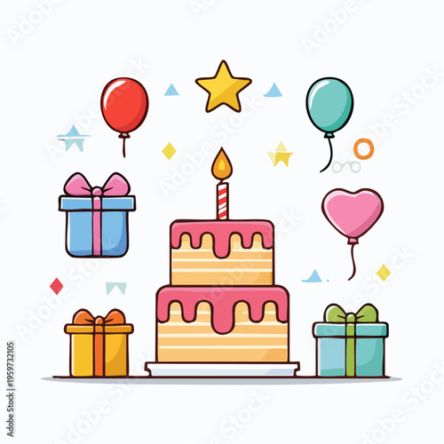 ケーキや風船などパーティーアイテムのお祝いアイコンセット