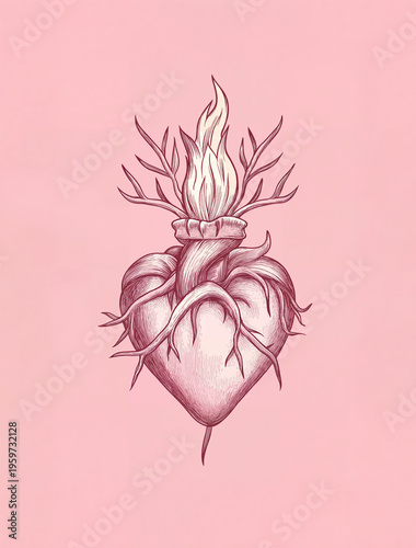 Minimal anatomical heart illustration with flame and branching veins in soft pink tones