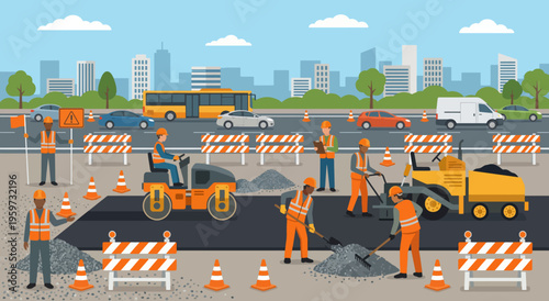 Road construction illustration with highway workers paving asphalt, traffic barriers, cones, roller machine, and urban transportation maintenance scene