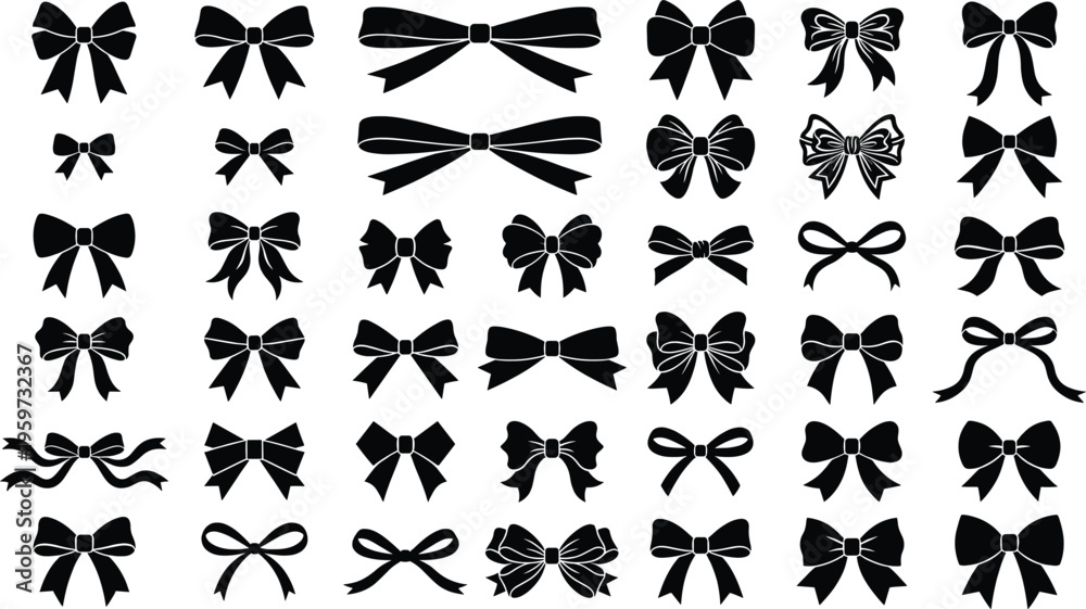 Fototapeta premium Ribbon bow silhouettes collection featuring decorative gift bows tied ribbon elements for celebration packaging design isolated on white background vector set