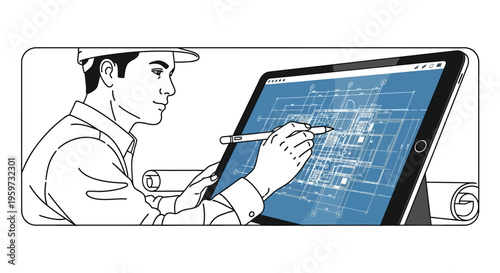 Architect digital drawing tablet blueprint design engineering workspace flat vector