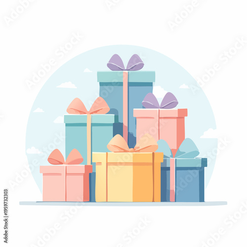 リボンが付いたギフトボックスが重なるパステルカラーのベクターイラスト