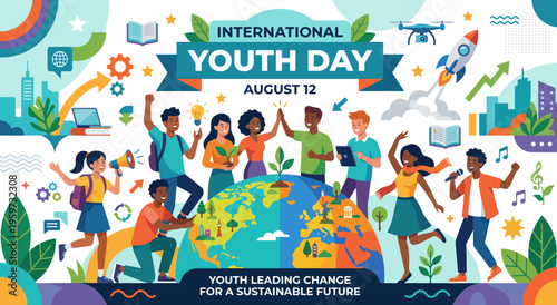 International Youth Day illustration with diverse young people, global unity, education, innovation, sustainability, and youth empowerment celebration on August 12