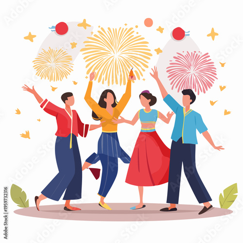 お祝いで一緒に踊る友人たちの顔のないミニマルなベクターイラスト